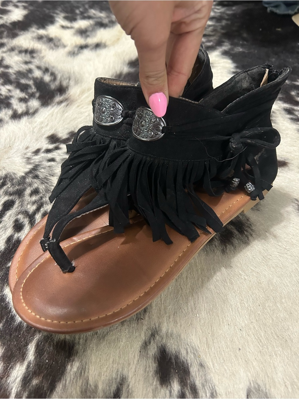 Not Rated Black Fringe Thong Sandals with Silver Concho - Picture 2 of 2